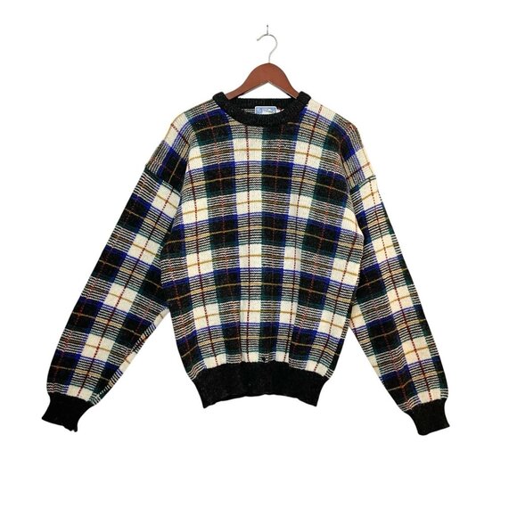 VTG Neiman Marcus Supply Co. Scotch Plaid Wool Sweater Mens XL Knitwear- FLAWS - Picture 1 of 11